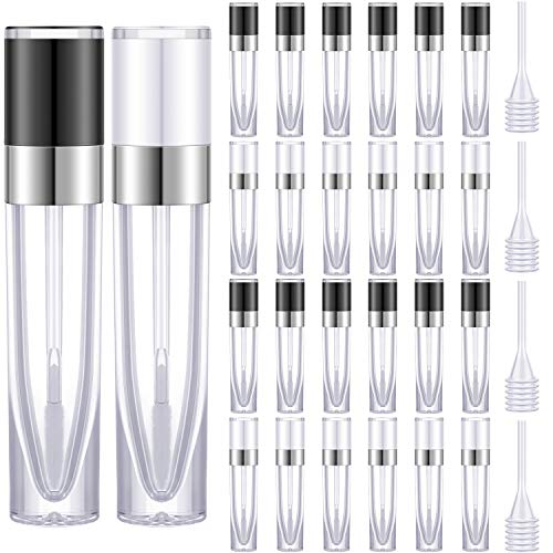 24 Pieces Empty Lip Gloss Tube Bottle Refillable Lip Glaze Bottle with Wand Mini Lip Oil Sample Bottle Container with 4 Funnel for Travel (Black with Silver, White with Silver)