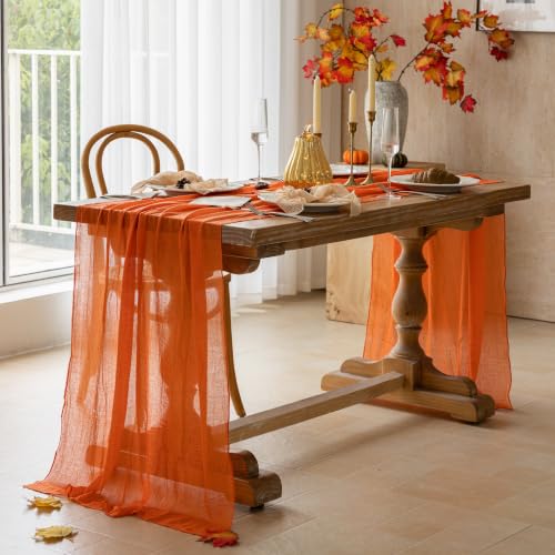 Image of 2Pcs Fall Orange Cheesecloth Table Runner 120 Inch Party Home Decor | For Thanksgiving Friendsgiving Wedding Bridal Shower Baby Shower Engagement Party Rustic Boho Autumn Home Decor