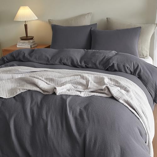 SE SOFTEXLY Muslin Duvet Cover King Size, 100% Washed Cotton Duvet Cover Set, Ultra Soft Comforter Cover Linen Like, 3 Pieces Minimalist Gauze Duvet Cover with 2 Pillowcases, 90"x104", Dark Grey