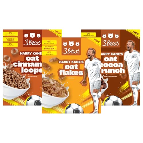 3Bears Cereals Set – 3 Sorten Cerealien mit Hafer, Zimt & Kakao – vegan, ohne Industriezucker & Zusatzstoffe – Ballaststoff- & Proteinquelle – entwickelt mit Harry Kane