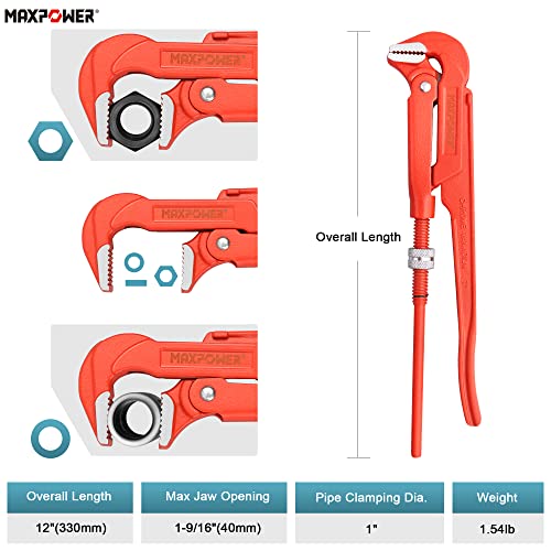 Maxpower Swedish Pipe Wrench 12 Inch X 90 Degree Angled Jaw #TOP2