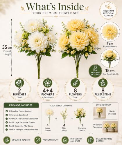 Image of Divyakosh Artificial Flower Bunch Set of 2 (Vase Not Included) | White + Peach | 8 Large Flowers, 8 Filler Stems | 35 cm Decorative Artificial Flowers for Home, Living Room & Table Decor