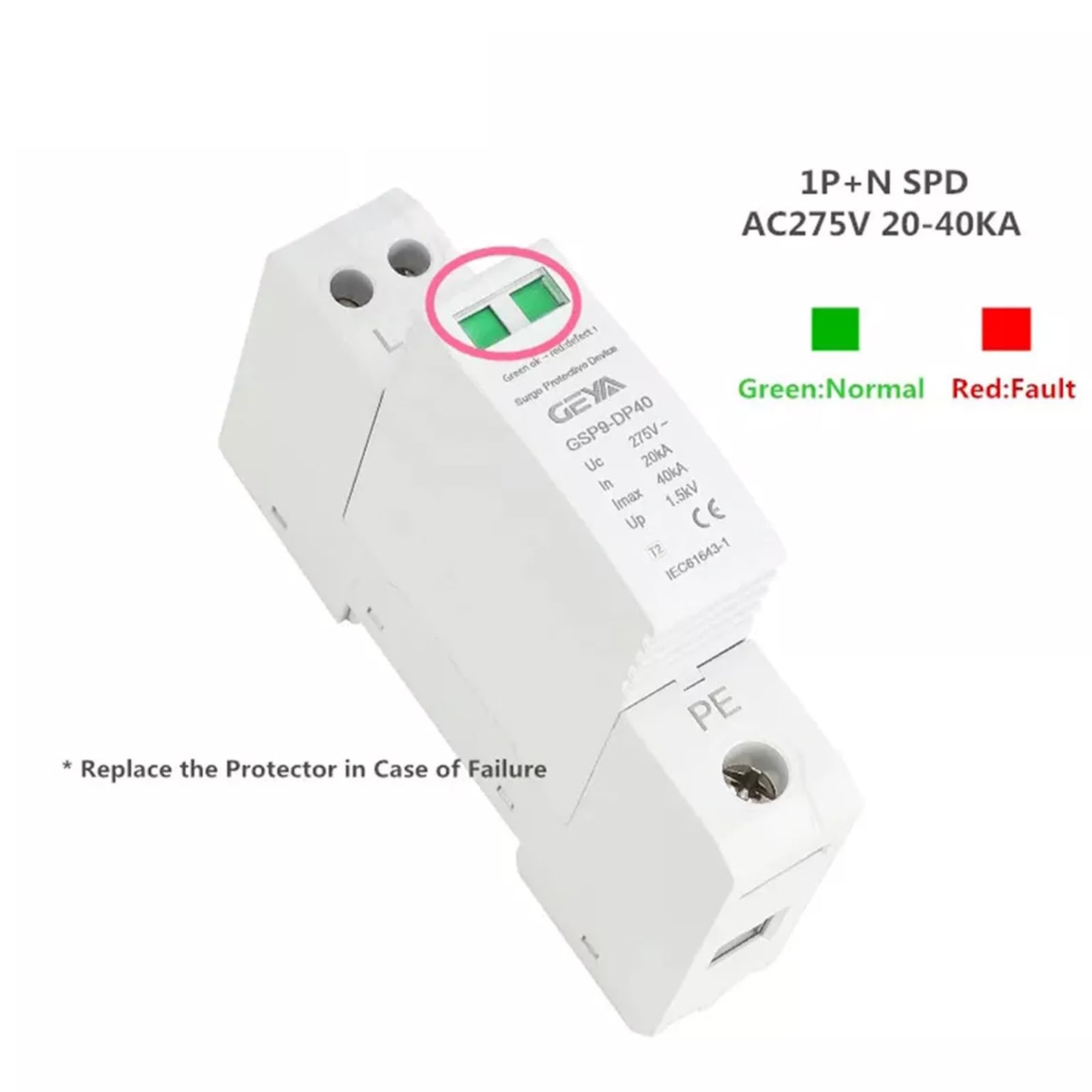 GEYA Dispositivo di scaricatore a bassa tensione SPD 20-40KA 1P+N AC275V