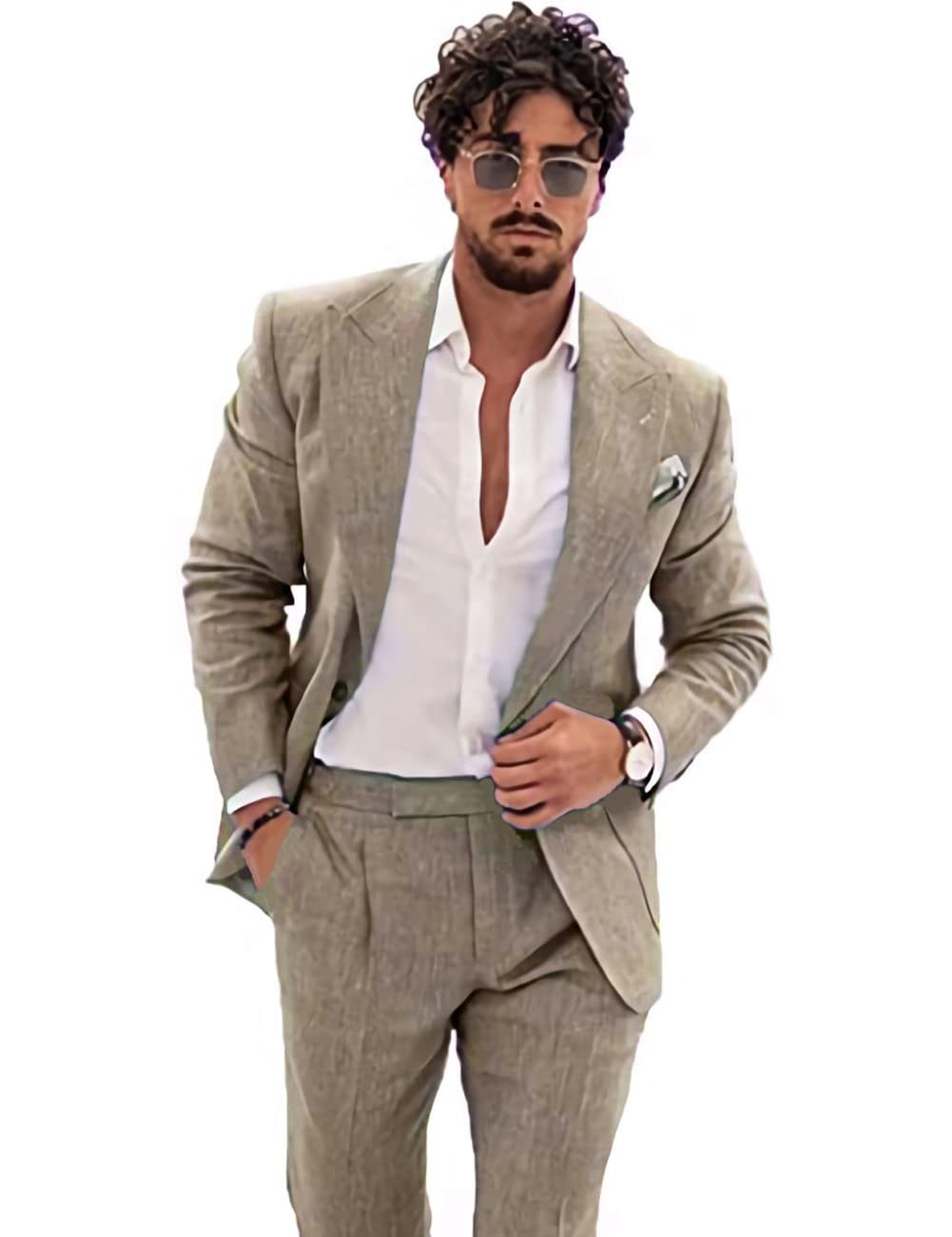 Wangyue Linen Suit for Men Casual Slim Fit Vintage Suits Groomsmen Suits Wedding Summer Beach Blazer Pants Set