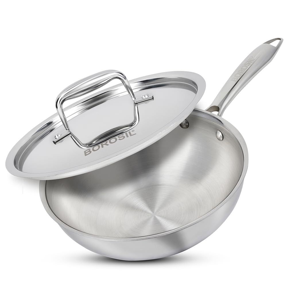 Borosil 1.75 L Cookfresh Tri-ply Stainless Steel Wok with Lid | 20 Cm Kadhai for Deep Fry | Gas, Induction Friendly | Stay-cool Handle | Wok for Cooking Chinese fried Rice & Noodles | Dishawasher Safe (B0CNPCQP98) Amazon Price History, Amazon Price Tracker