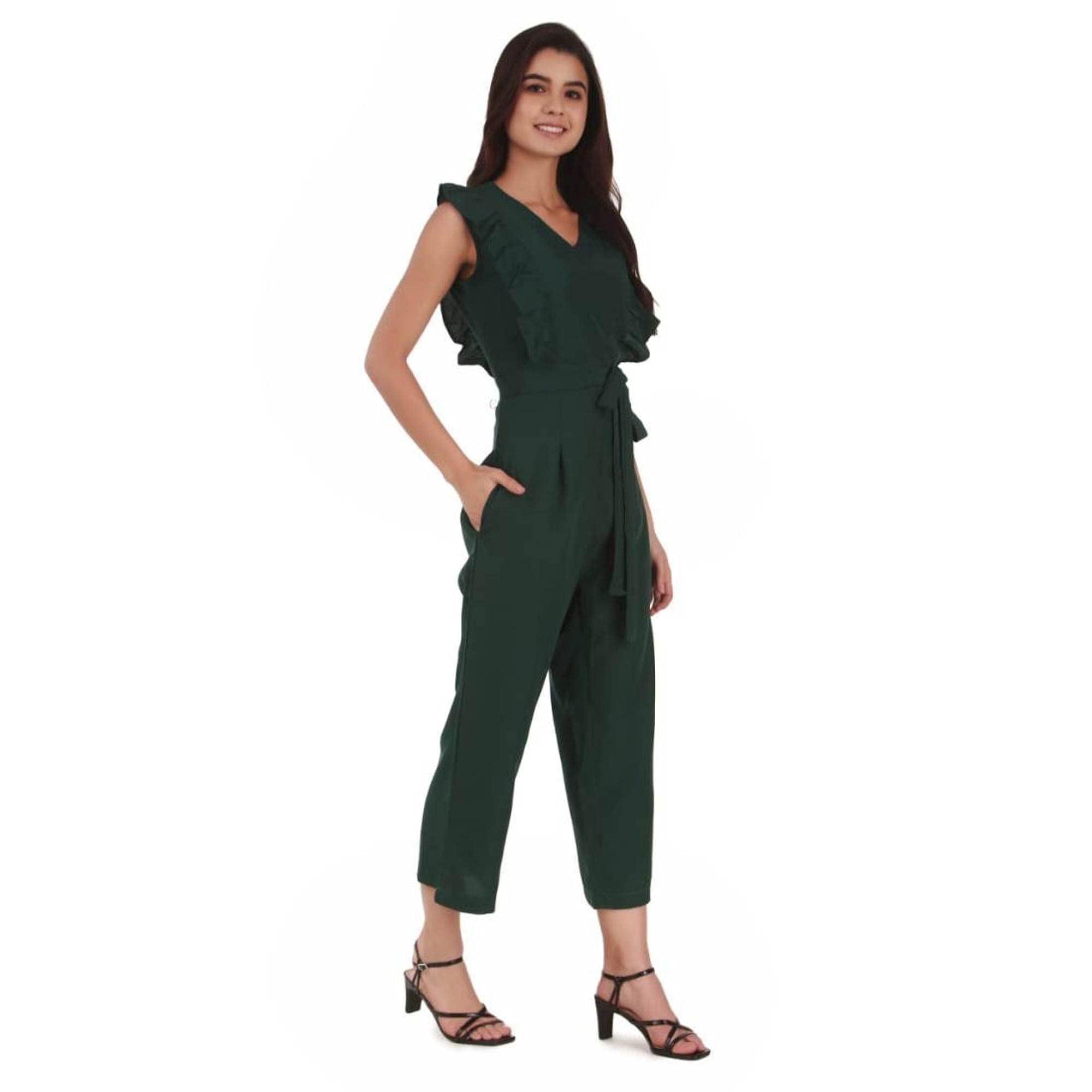 FELLAMO Girls Solid Sleevless Side Ruffle jumpsuit-016 Green 14-15 Years 2