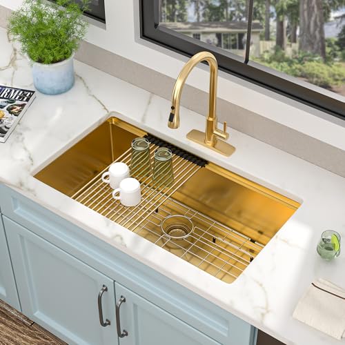 Image of 33 Undermount Kitchen Sink Gold - Fulorni 33 inchx19 inch Kitchen Sink Brushed Gold NANO-PVD Ledge Workstation 16 Gauge 304 Stainless Steel Under Counter Single Bowl Basin