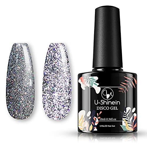 U-Shinein Reflective Diamond Nail Polish, Black Diamond Polish Gel Disco Glitter Nail Polish Gel Reflective Bright Nail Polish Gel Holographic Diamond Nail Polish for DIY & Salon Nail Art Manicure