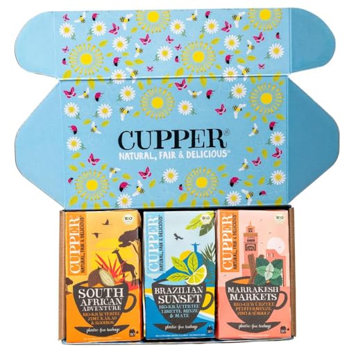 Cupper Bio Tee Set 'Ländertees', Tee Geschenkset, Früchtetee, Kräutertee, drei verschiedene Sorten, 60 ungebleichte, plastikfreie Teebeutel, 3er Pack