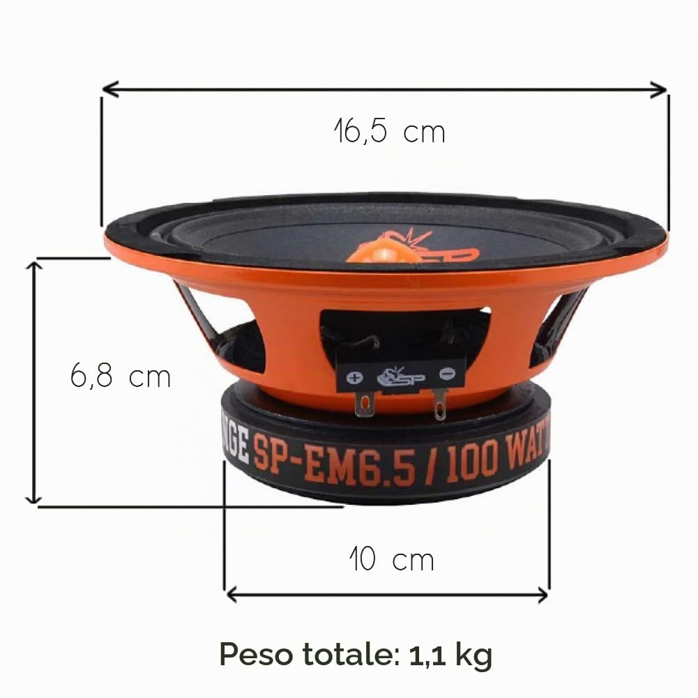 SP Audio 1 SP-EM6.5 midrange altoparlante diffusore da 16,5 cm 165 mm 6,5" di diametro, 100 watt rms 200 watt max, impedenza 4 ohm, sensibilità 95 db spl, 1 pezzo