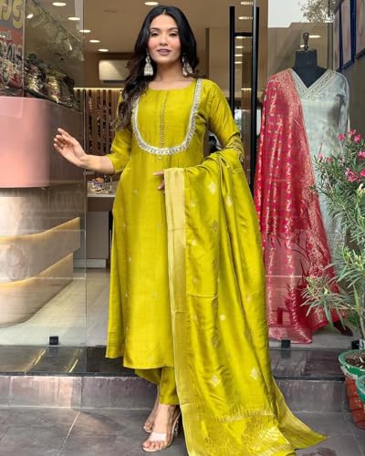 Image of Yashika Women's Silk Blend Jacquard Kurta and Pant with Dupatta Set and Khatali Work Suitable For Every Indian Occasion