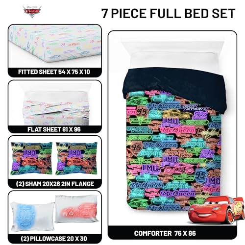Image of Disney Pixar Cars McQueen Full Size Comforter Set 7 Piece Bedding, Black | Racecar, Kids Bed in a Bag, Comforter Sheets Shams Pillowcases, Official Product, Microfiber, Machine Washable, Boys Gift