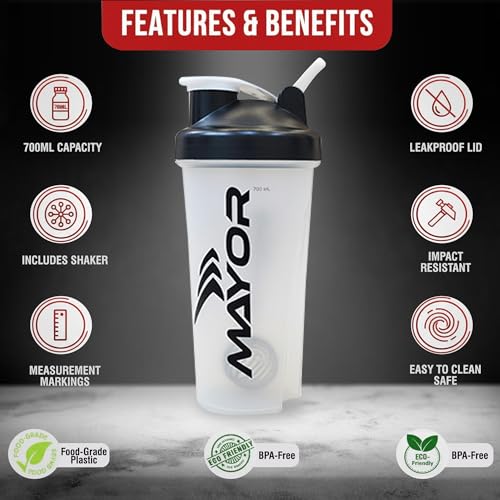 Image of Mayor 700ml Gym Protein Shaker Bottle with Mixing Ball | BPA Free & Leak Proof (White)