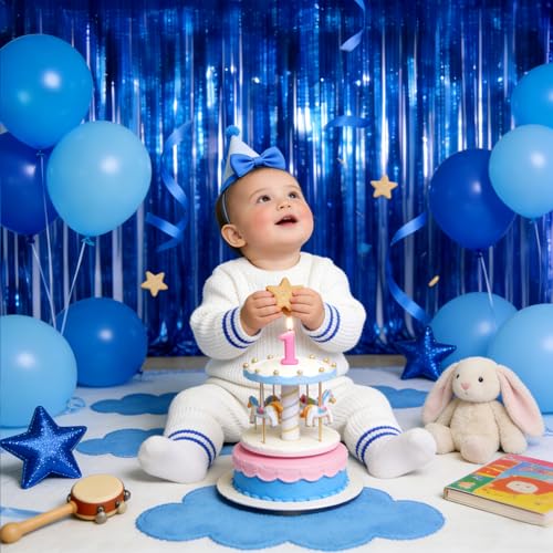 Image of 4 Pack Blue Fringe Backdrop 12.8x8.2 Feet Sparkle Metallic Tinsel Foil Fringe Curtain, Navy Blue Fringe Curtains Party Decorations for Christmas Birthday Graduation