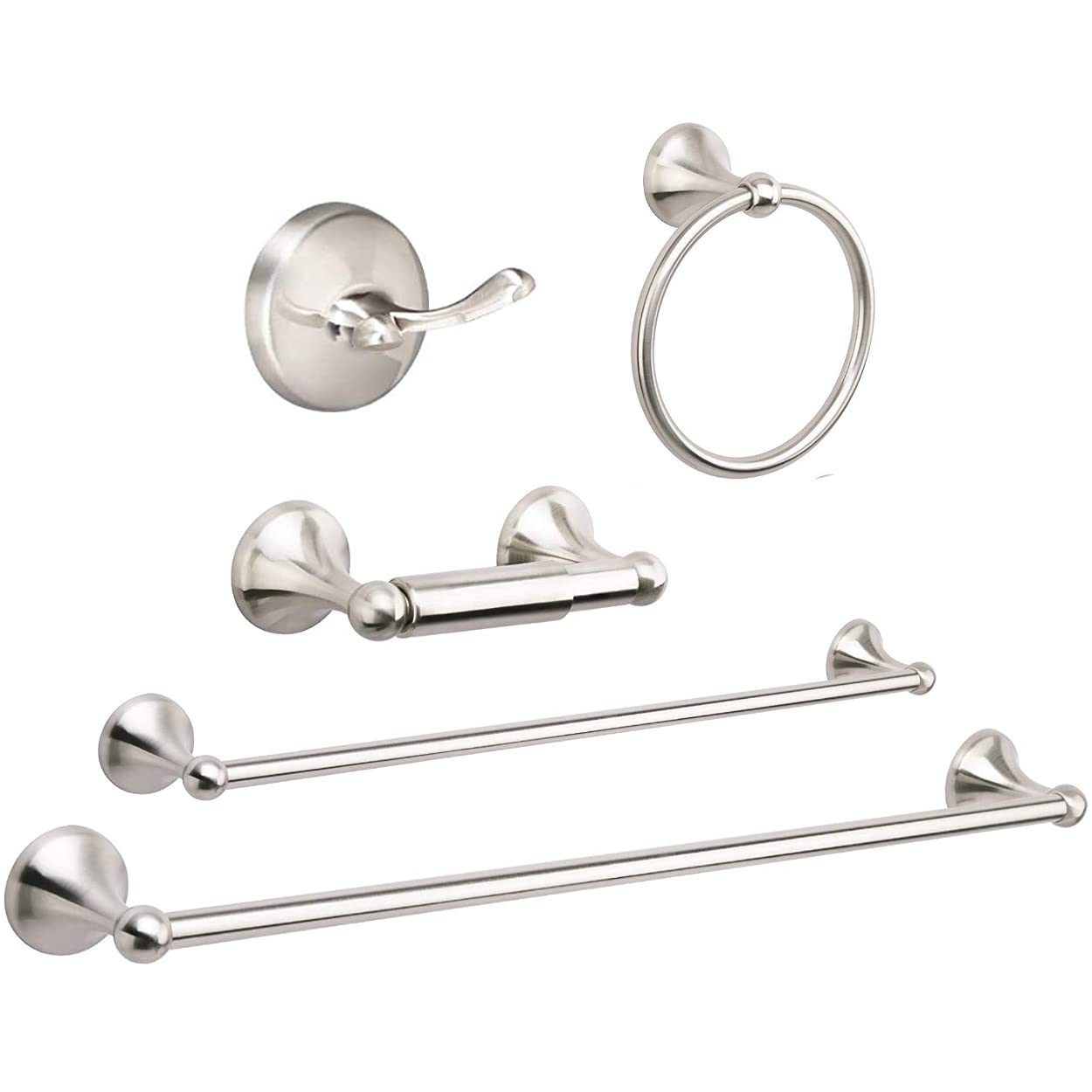 Bathroom Hardware Accessory Set Includes 24’’ Towel Bar, Toilet Paper Holder, Hand Towel bar and Robe Hook - Bathroom Towel Rack Set (5 - Piece Accessories Set, Satin Nickel)