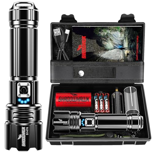 Shadowhawk Rechargeable Torch, 500000 Lumen Torches LED Super Bright, 5000 mAh Long Lasting, Adjustable Focus, IP67 Waterproof, 5 Modes, Powerful Handheld Flashlight for Power Cuts, Camping, Emergency