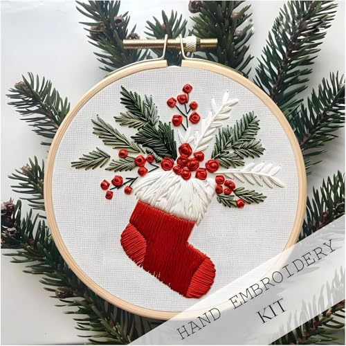 Image of UQRUI Christmas Embroidery Kits for Adults BeginnersEmbroidery Patterns, Ornament Embroidery Kit,Cross Stitch Kits (Stocking A)