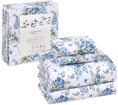 RUVANTI 100% Cotton Sheets Queen Size Set, 4 Pieces, Soft & Breathable Percale Weave Bedding, Deep Pocket 16", Hotel Standard, Crisp Cool Feeling, Durable, Perfect Floral Bed Sheet, Paislyona