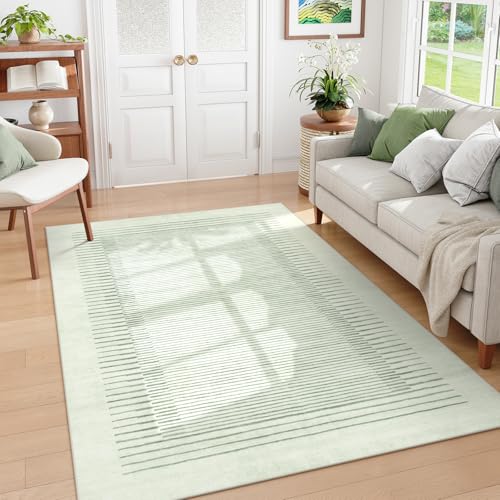 Morebes Sage Green Rug for Living Room, 5x7 Washable Area Rug for Bedroom Non Slip Modern Striped Boy Room Rug, Stain-Resistant Geometric Low Pile Soft Carpet for Nursery Dining Room