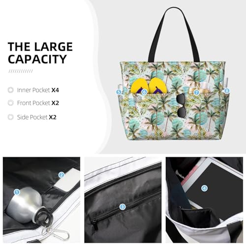 Large Beach Bags Water-resistant Sandproof - Watercolor Palm Tree Cute Beach Tote Bags for Women with Zipper3