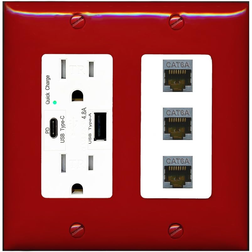 RiteAV 3 Port Cat6A Ethernet Wall Plate - USB A+C Outlet [Red/White]