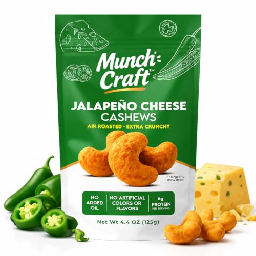Munch Craft Gourmet Jalapeño Cheese Cashews – Perfectly Balanced Flavor (Savory Cheddar &amp; Zesty Heat) – Extra Crunchy Air-Roasted Nuts, Oil-Free – No Artificial Colors or Flavors – 4.4 oz (125g) Resealable Bag