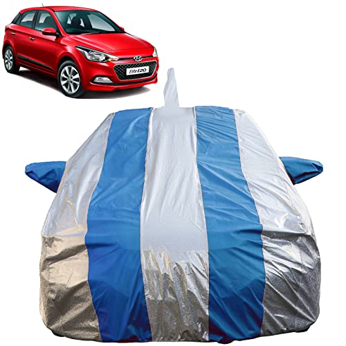 Image of Autofact Waterproof Car Body Cover Compatible with Hyundai Elite I20 (2014 to 2020) with Mirror and Antenna Pockets (Blue Stripes with Shinning Silver Fabric /Waterproof Cover)