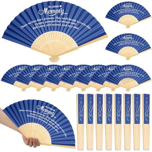 Image of Threehoney 50 Pack Funeral Favors for Guests in Loving Memory Handheld Fans Paper Folding Hand Fan Bulk Funeral Gifts for Services Condolence Sympathy Accessories (Blue)
