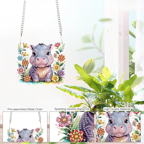 Image of AiYuanzsh DIY Diamond Art Painting Hanging Kit Hippo, Acrylic 5D Diamond Painting Pendant Ornament Board Kit, Home Garden Wall Door Diamond Art Hanging Ornament