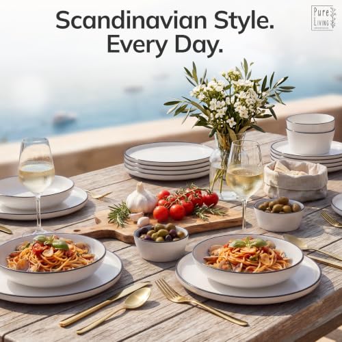 Image of 32 Piece Porcelain Dinnerware Set for 8, Handmade Plates and Bowls Set | Scandinavian Ceramic Dinner Set, Dishwasher & Microwave Safe Dish Set, Chip & Scratch Resistant Dishware Set, Scandi White