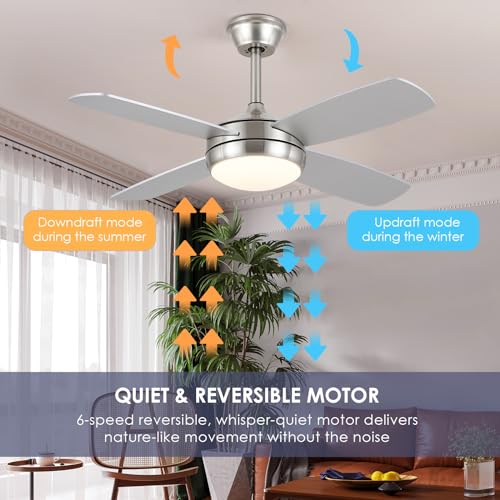 Asyko 42 Inch Ceiling Fans With Lights, Modern Ceiling Fan With Lights And Remote Control/App, Reversible Dc Motor And Dimming, Low Profile Ceiling Fans For Indoor Bedroom, Brushed Nickel thumb #3