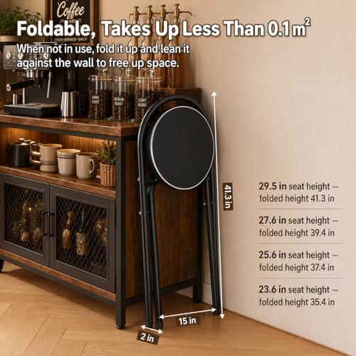 Image of Folding Bar Stool with Backrest Counter Height Chair Padded Seat Cushion Space Saving Foldable Stool for Kitchen Island Extra Portable Indoor Seating(Black,25.6 inch Seat Height (65cm))