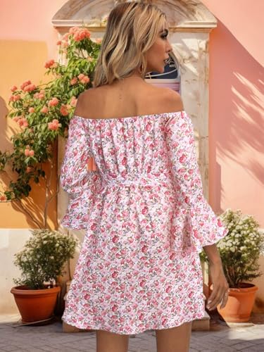 Image of Off Shoulder Ruffle Dress for Women, A-Line Mini Dress with Belt, Fitted Bust Summer Wedding Guest Dress