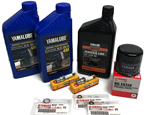 YAMAHA 2009+ F25A T25A Oil Change 10W30 FC 4M Lower Unit Gearcase Gear Lube Drain Fill Gaskets Spark Plugs NGK DPR6EA-9 Filter 5GH-13440-60-00 Maintenance Kit