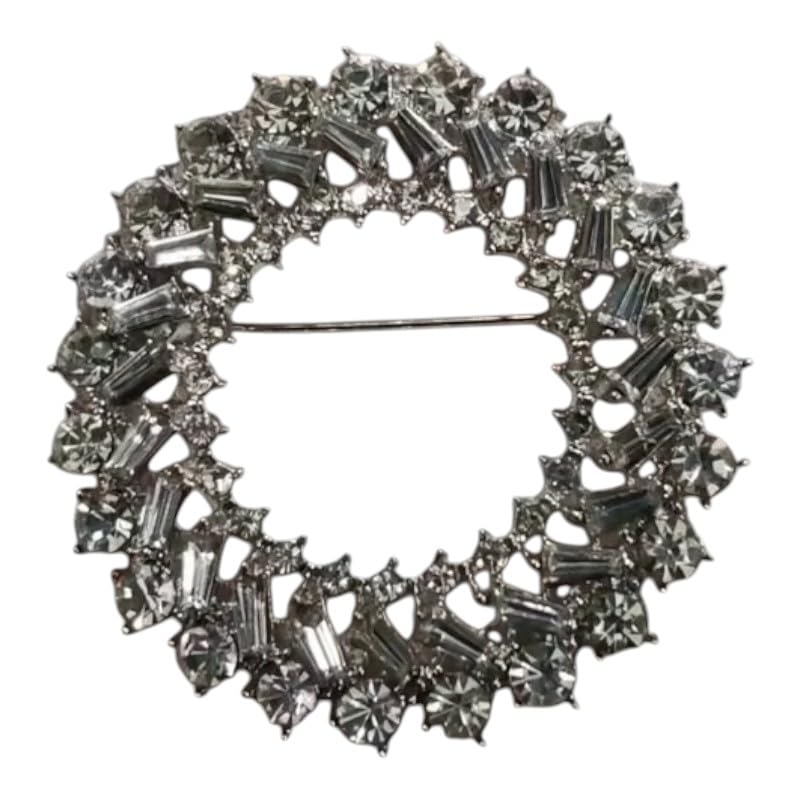 Silver Open Circle Baguette and Round Crystals Wreath Brooch Pin, Alloy, Modern Style, 3.5 cm, Lobster Claw Clasp-image-4
