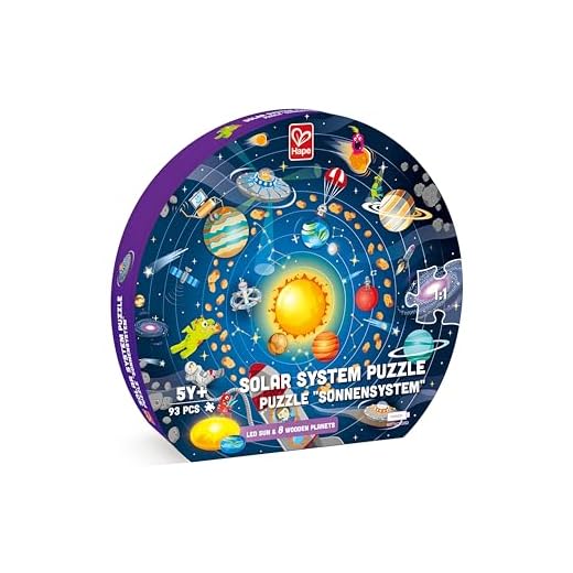 Hape Solar System Puzzle | Round Solar System Puzzle Toy for Kids, Solid Wood Pieces and A Glowing LED Sun