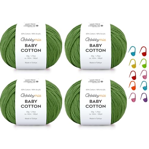 Image of Baby Cotton Blend Yarn - Soft Sport Weight Yarn for Crochet & Amigurumi - 50g /180yds - 60% Cotton 40% Acrylic - Ideal for Baby & Knitting Proj. & 10 Stitch Markers(Pine Green, 4 Balls)