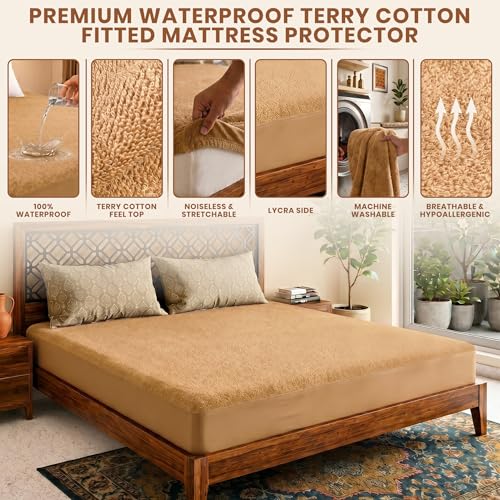 Image of Lithara Terry Cotton Fitted Mattress Protector for King Size Bed | Waterproof & Elastic Band | Ultra Soft & Hypoallergenic Mattress Cover | Size : 72 x 72 Inches (6 x 6 Feet) | (Light Beige)
