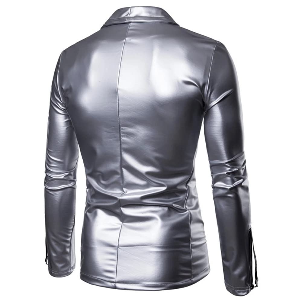 Suéter Estilo de Cuero para Hombres Cuello Alto Estiramiento con Cremallera Bolso Chaqueta de Cuero para Hombres/Silver/Xx-Large