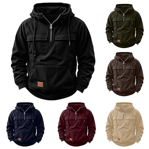 Wankang Tactical Hoodies for Men Quarter Zip Pullover Sweatshirt Corduroy Drawstring Hooded Sweatshirts with Multi Pockets3