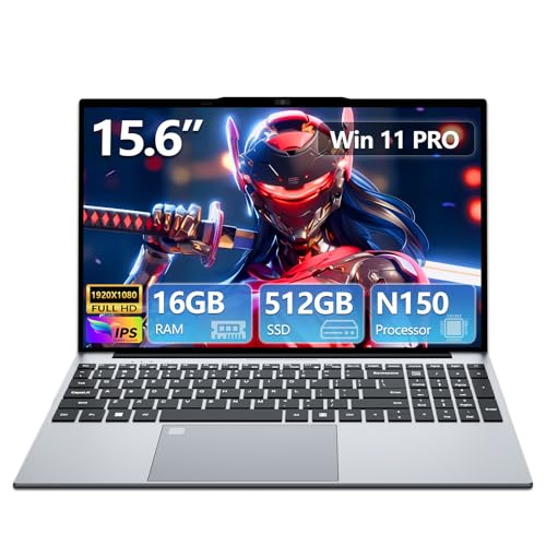 15,6 Inch Ordenador Portátil 13.ª Gen N150,16GB DDR4 SSD 512GB,Win 11 PC Portátil Pantalla 1920 x 1080P, Laptop Teclado Retroiluminado, Desbloqueo Huellas Dactilares, WiFI5, Webcam, USB3.0, HDMI