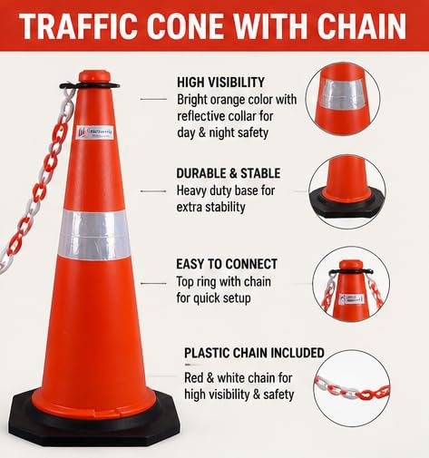 Image of K T I Traffic Cone 750 MM Height having Reflective Collar With 2 Meter Red And White Chain For Parking, Construction, Industries, Hospitals, Malls Etc Pack Of 2
