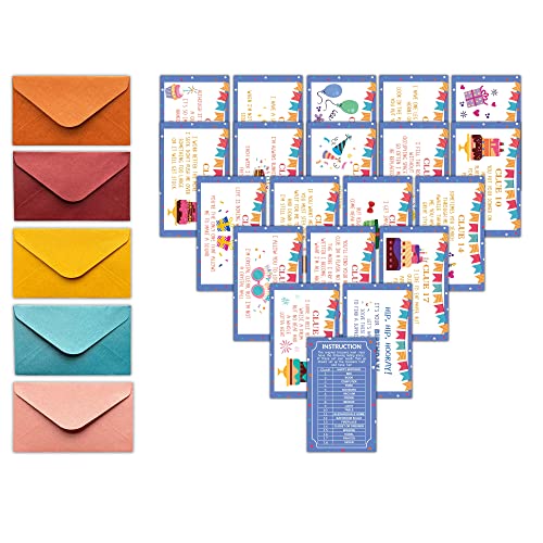 HEZNZXQ Happy Birthday Treasure Hunt Clues Game Cards, Birthday Party Scavenger Hunt Card Game(20 Cards with Colourful Envelopes), Indoor Outdoor Party Game Supply for Adults Family Teacher (A06)