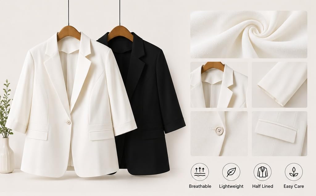 Blazer Casual para Mujer Medio Forrado Chaqueta De Un Botón Solapa con Muesca Ropa De Trabajo Elegante Manga 3/4 Blazers Clásicos Formales para Oficina Trabajo Bodas.