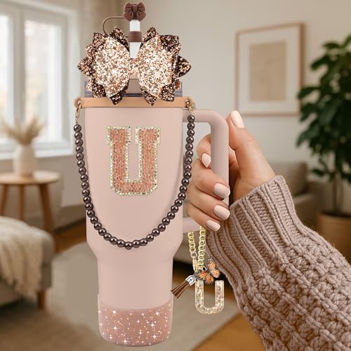 Hpebl 9PCS Brown for Stanley Cup Accessories Set Bling Initials Bow Charms for Stanley Decorations 30/40 Oz Tumbler Accessories Including Bow Straw Topper, Handle Strap, Spill Stopper(Letter U) - image 2
