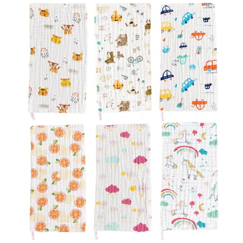 DKDDSSS 6 Stück Spucktücher Baby, Mulltücher Mullwindeln, Musselintücher für Babys, Musselin Waschlappen Baby, 6 Lagig Saugstark Waschlappen, Weich, Langlebig, Luftdurchlässig und Extrem Saugstark