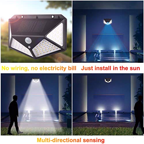 Solar Lights Outdoor, 100 LEDs, 3 Adjustment Modes, Wireless Motion Sensor Light with 270° Wide Angle, IP65 Waterproof, Motion Sensor Security Solar Power Wall lamp(4 Pack)