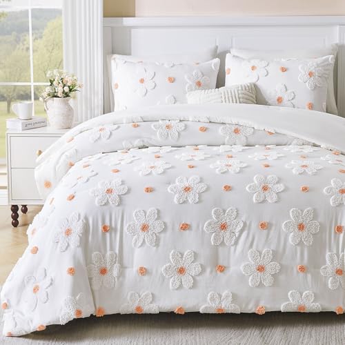 Image of Full Size Comforter Set for Girls Kids 3 Pieces Orange Flowers Bedding Set | CotComf White Comforter Set with Flowers, Bed in A Bag Lightweight Cute Bed Comforter Set for Teen Girls Women