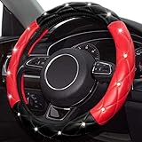 Xizopucy Black Red Steering Wheel Cover, Universal Car Steering Wheel Protector with Crystal Rhinestones Anti-Slip Soft Interior Accessories for Women and Girl Fit 14.5-15 inch