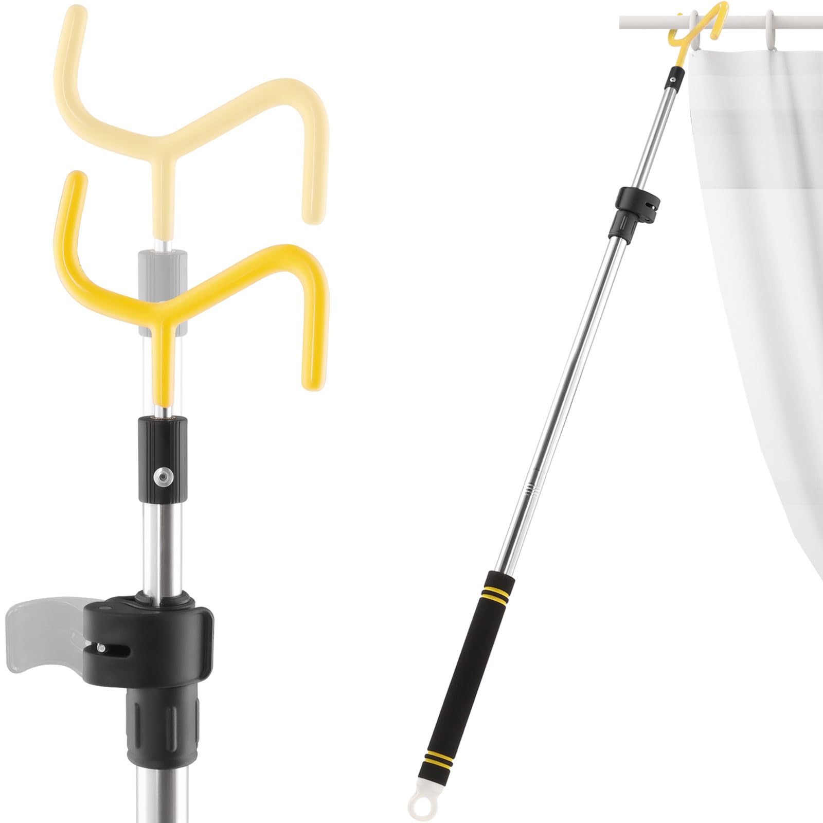 Drapery Pull Rod,36“ to 63” Curtain Pull Telescoping Pole Heavy Duty For Curtains Wand Stainless Steel Tubes Soft Sponge Handle Rod for Curtains Extension Pole Lightweight (Black Yellow)